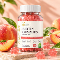 Biotin gummies supplement bottle with peach flavor label and 60 gummies