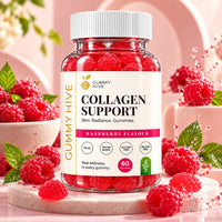 Collagen support gummy bottle with white cap and raspberry flavor label